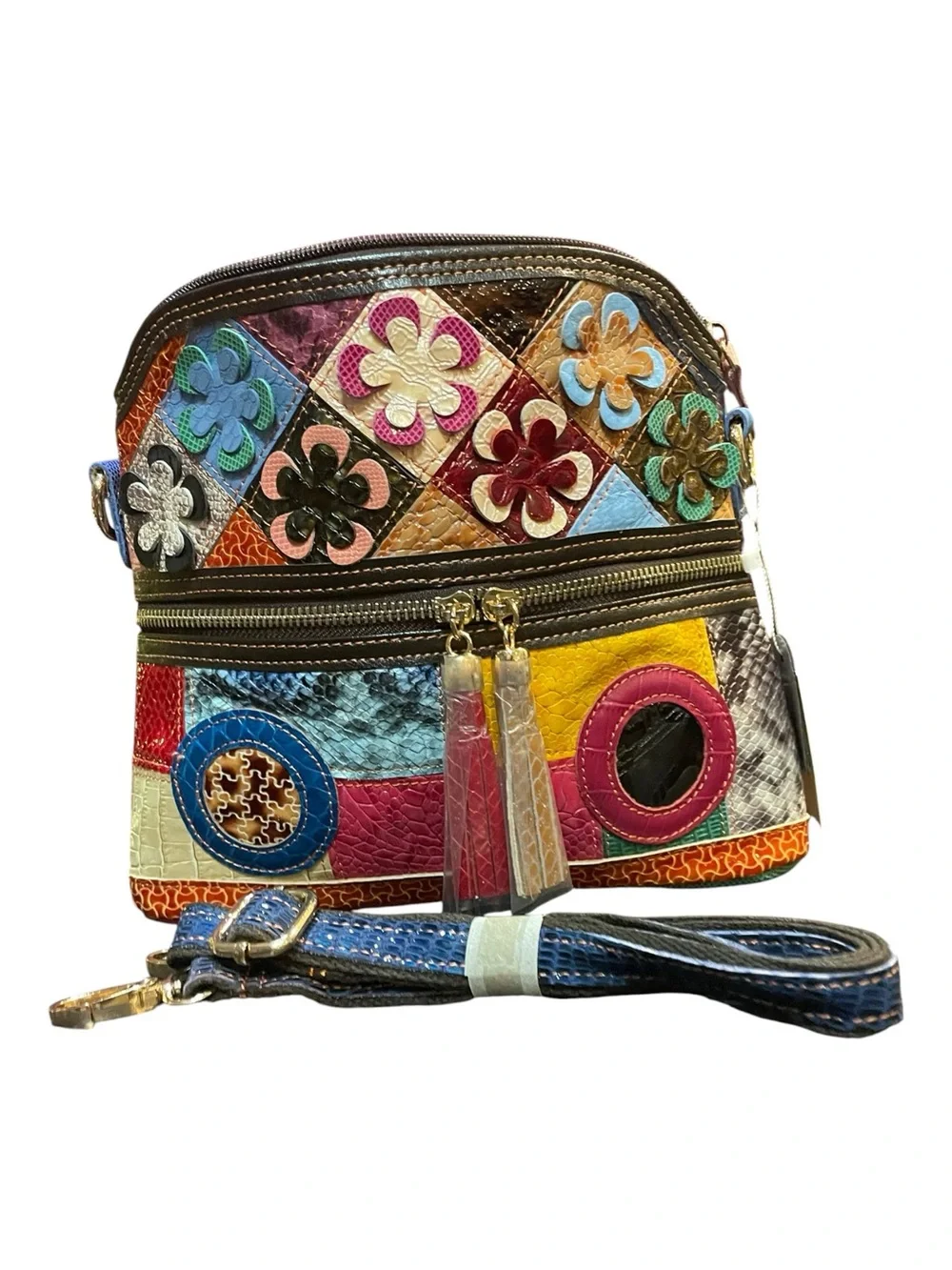 Colorful Patchwork Floral Crossbody Bag - Tassel Zips - Upcycled - Leather